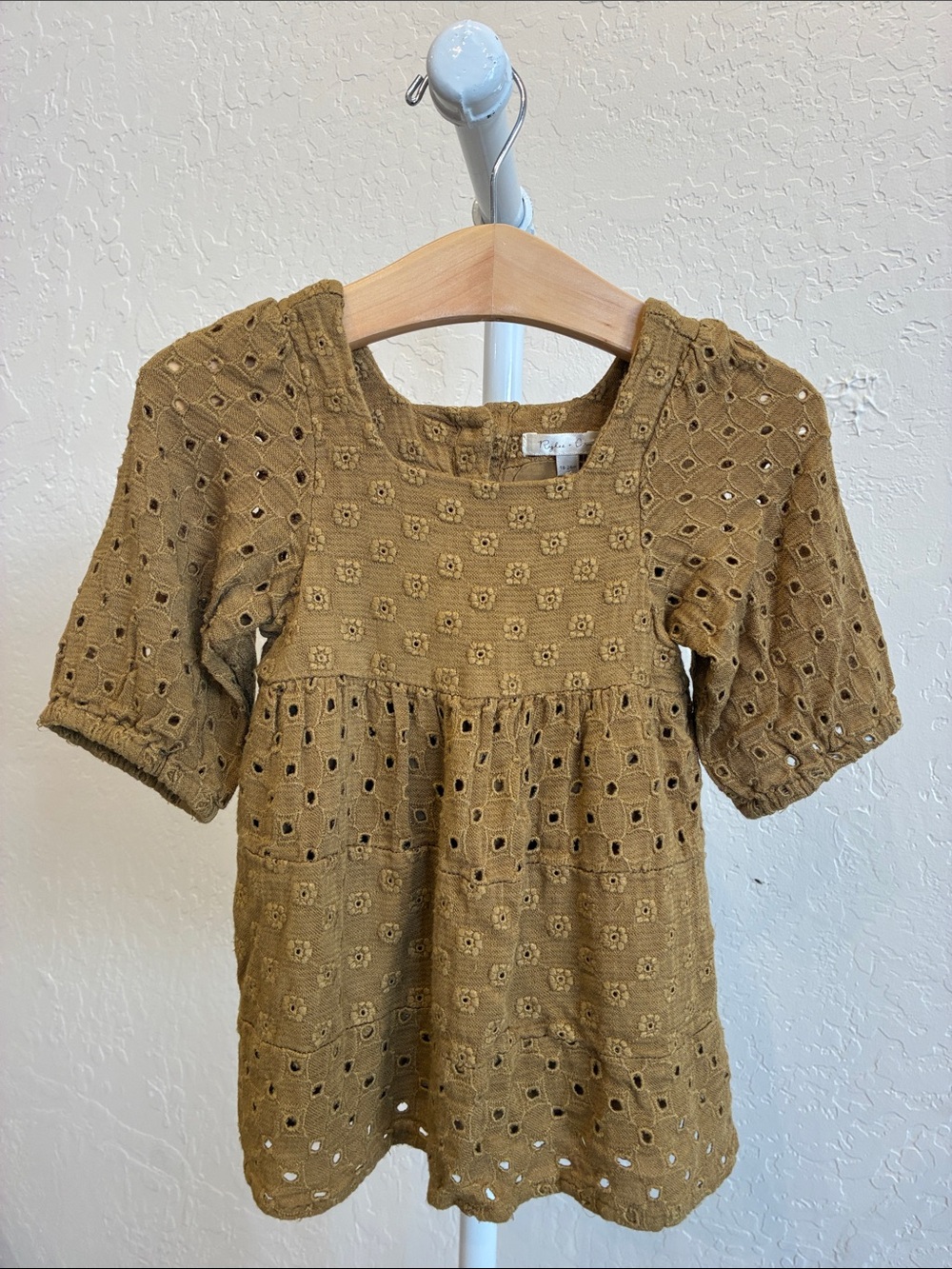Rylee + Cru Olive Eyelet Puff-Sleeve Dress